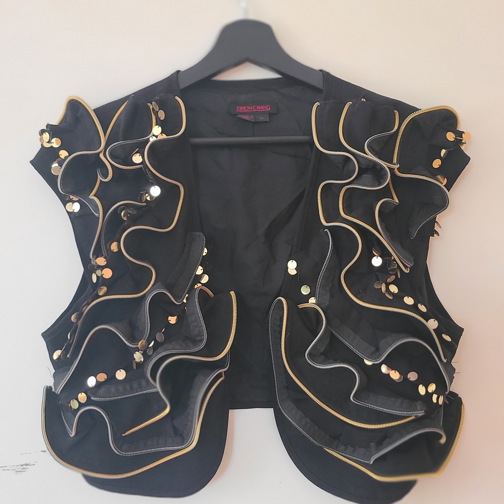 Simon Chang Black Vest with Gold and Silver Ruffles